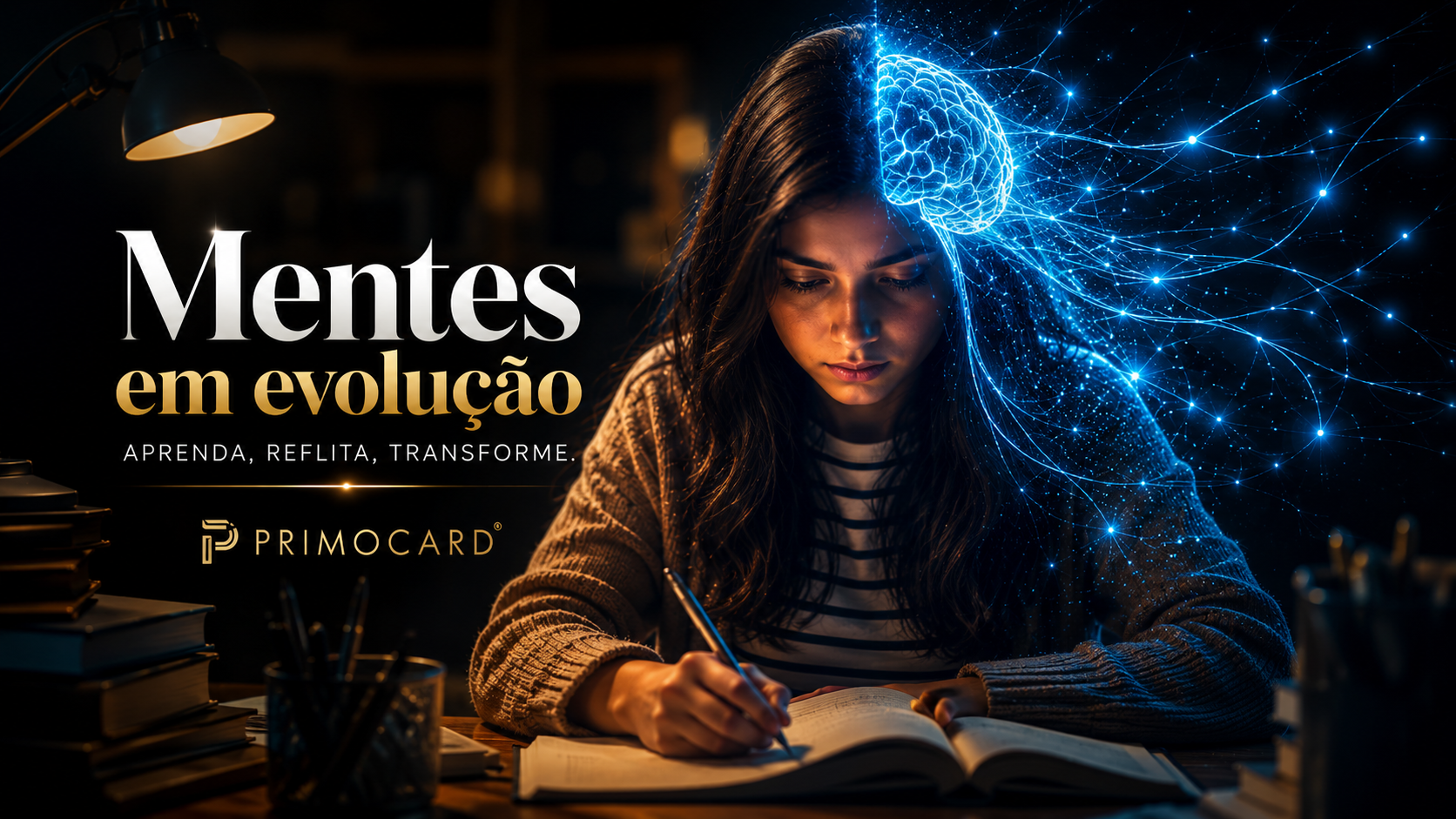 Profissional estudando enquanto simbolos representam evolucao mental e aprendizado continuo.