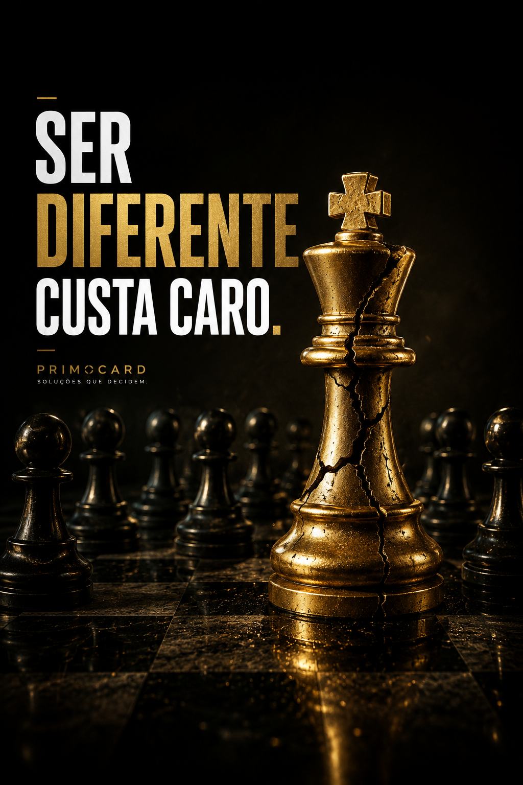 Peça de xadrez dourada rachada cercada por peões simbolizando liderança, diferenciação e resistência.