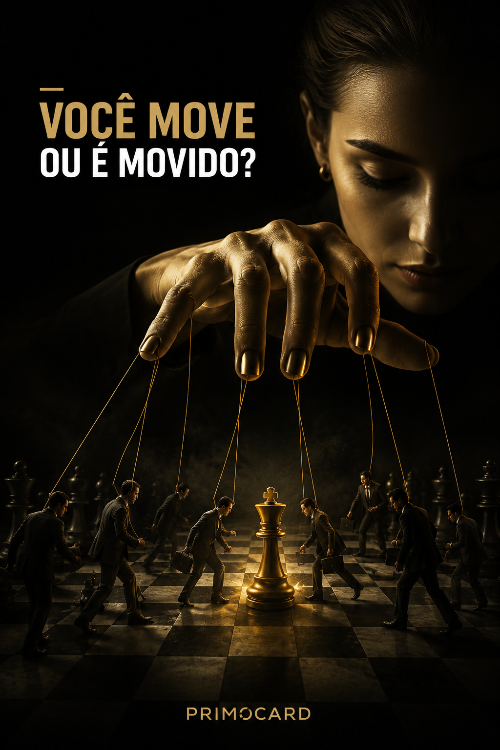 Mão controlando marionetes em um tabuleiro de xadrez simbolizando influência, liderança e tomada de decisão.