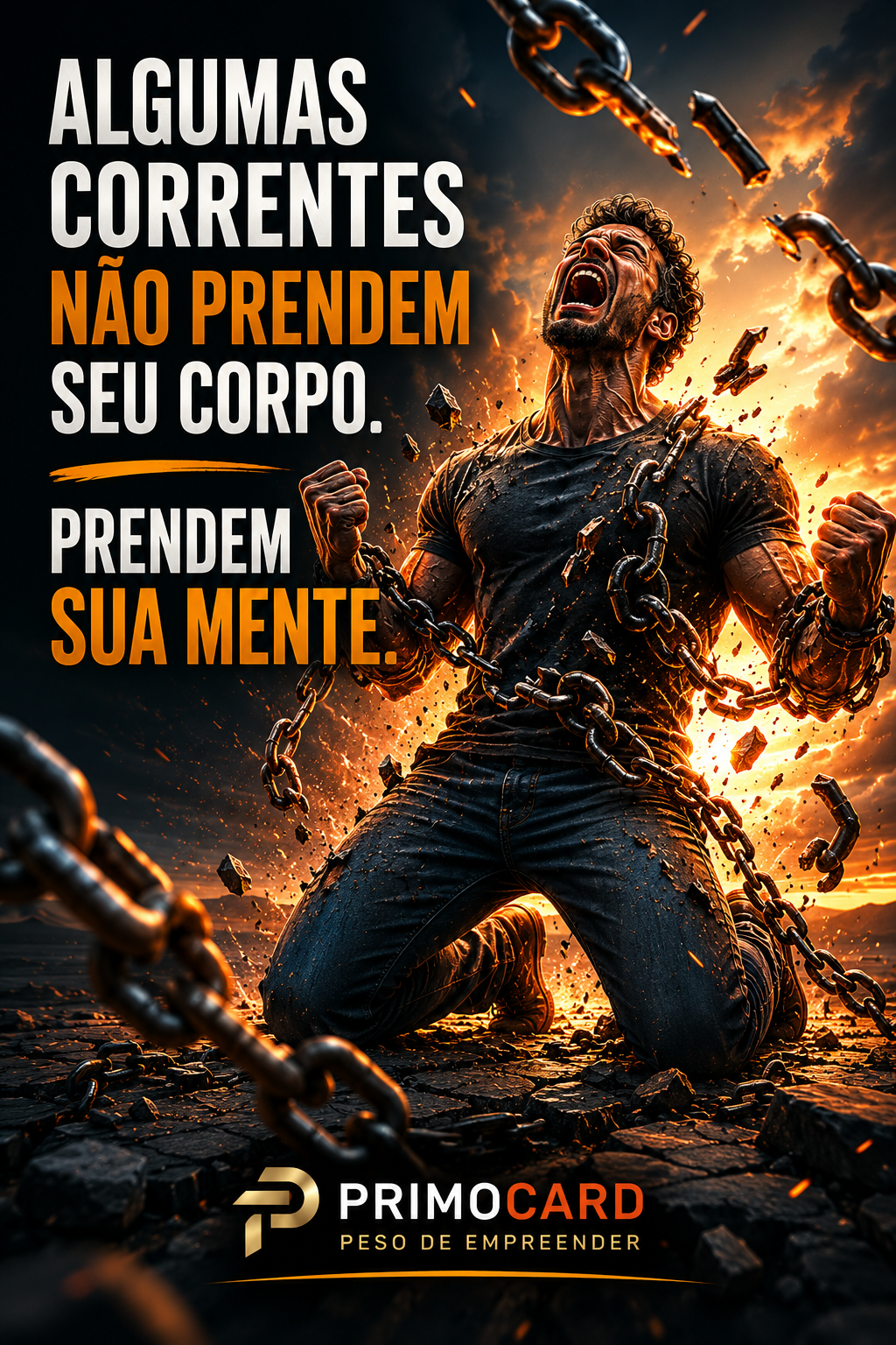 Homem rompendo correntes representando libertação mental e crescimento.
