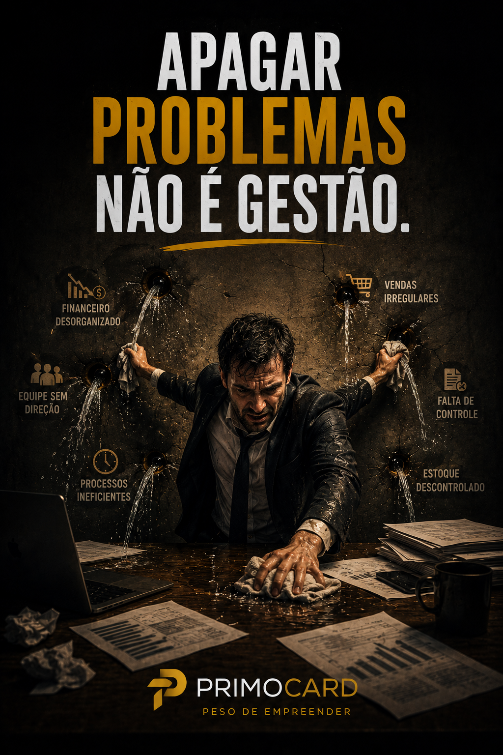 Empresário tentando conter diversos vazamentos ao mesmo tempo representando falta de gestão.