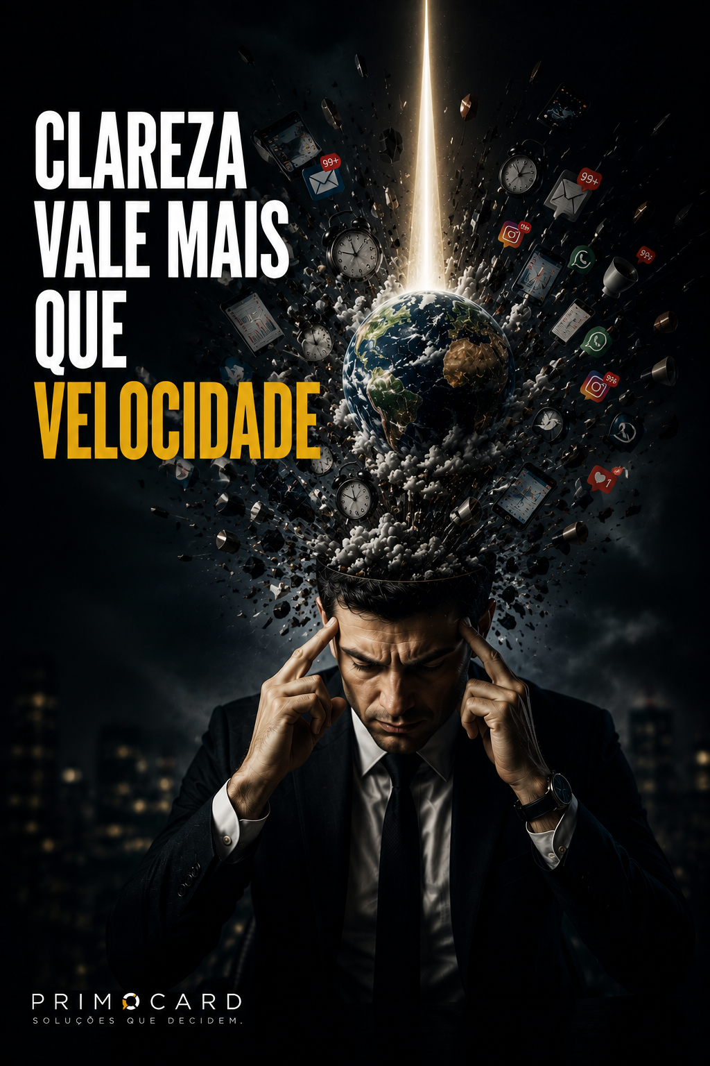 Empresário concentrado organizando informações em meio ao excesso de estímulos.