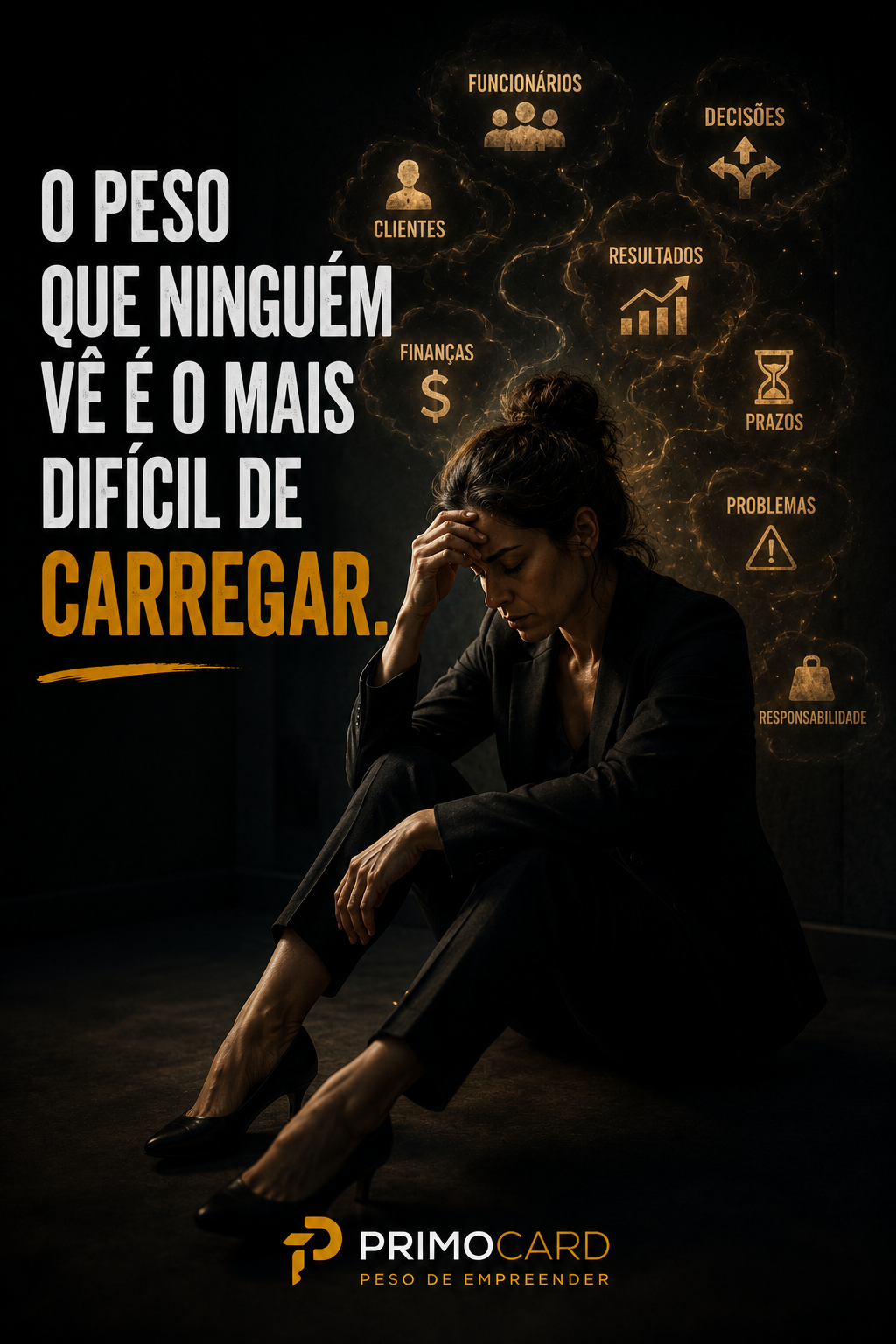 Empresária refletindo enquanto símbolos representam clientes, finanças, equipe, resultados e responsabilidades.