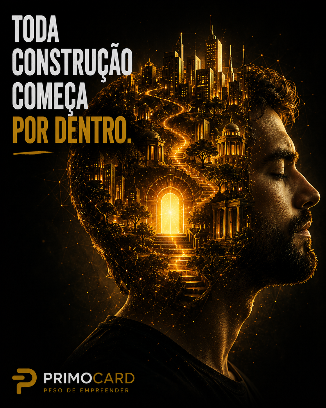 Perfil de uma pessoa com uma cidade iluminada construída dentro da mente.