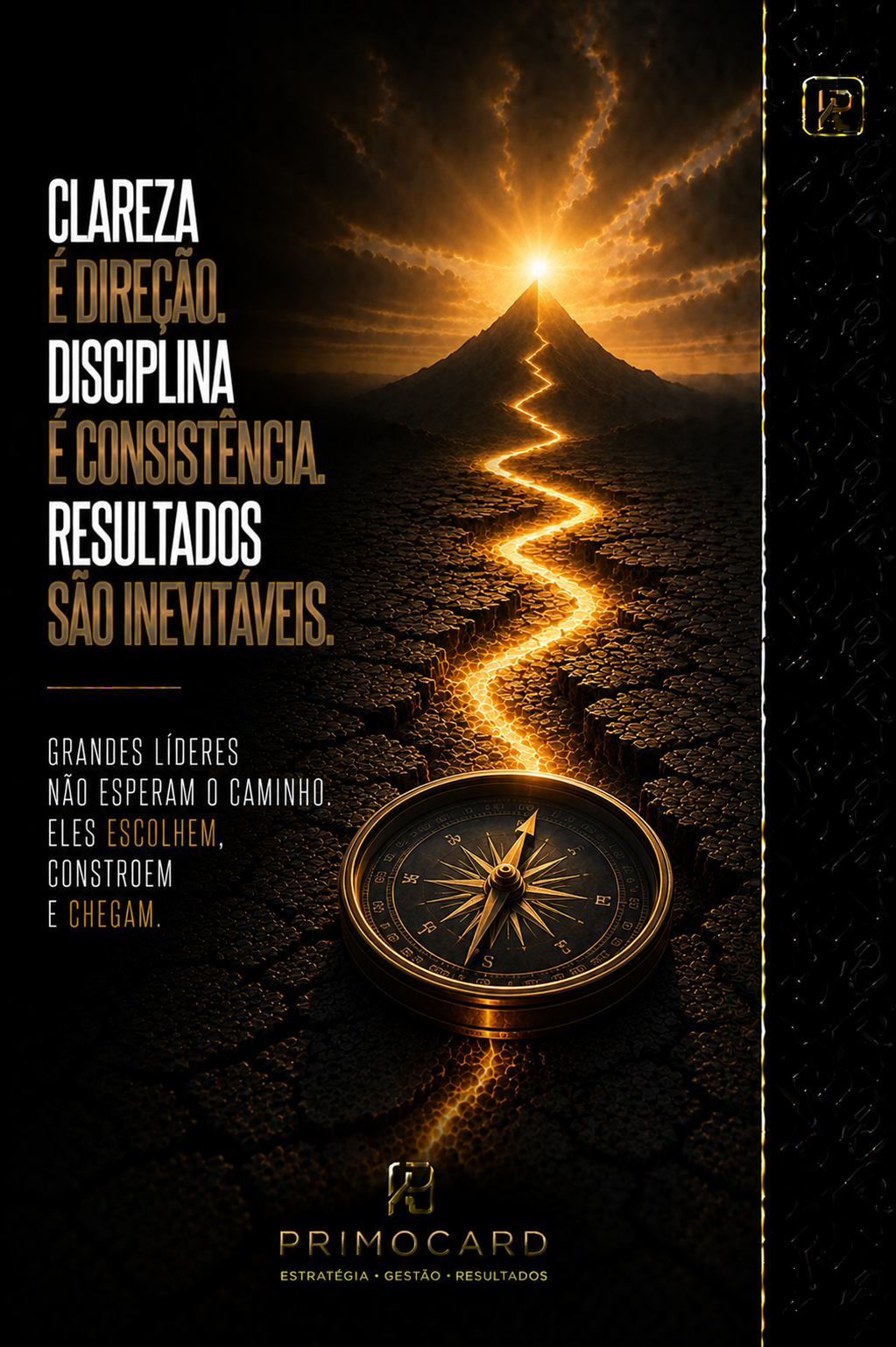 Bússola apontando para um caminho iluminado até o topo de uma montanha.