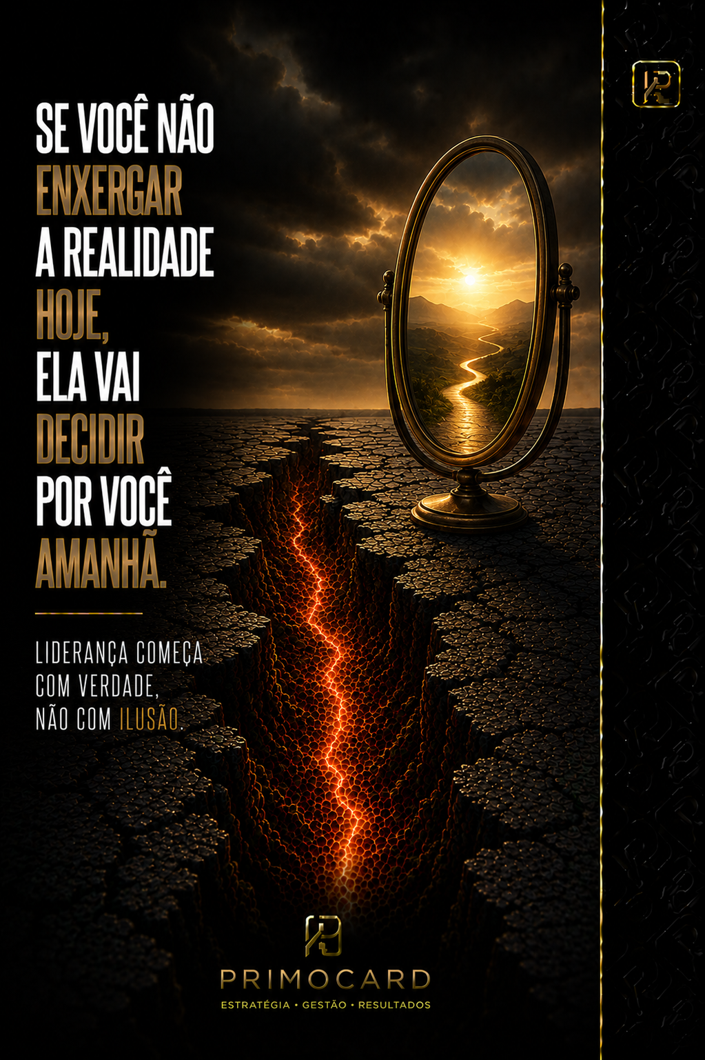 Espelho refletindo um caminho iluminado sobre uma grande fissura.