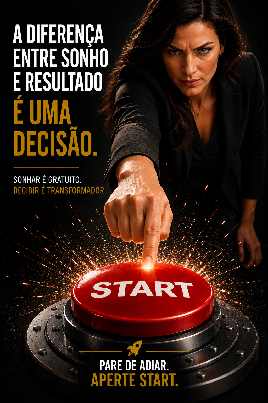 Executiva pressionando um grande botão vermelho simbolizando ação.