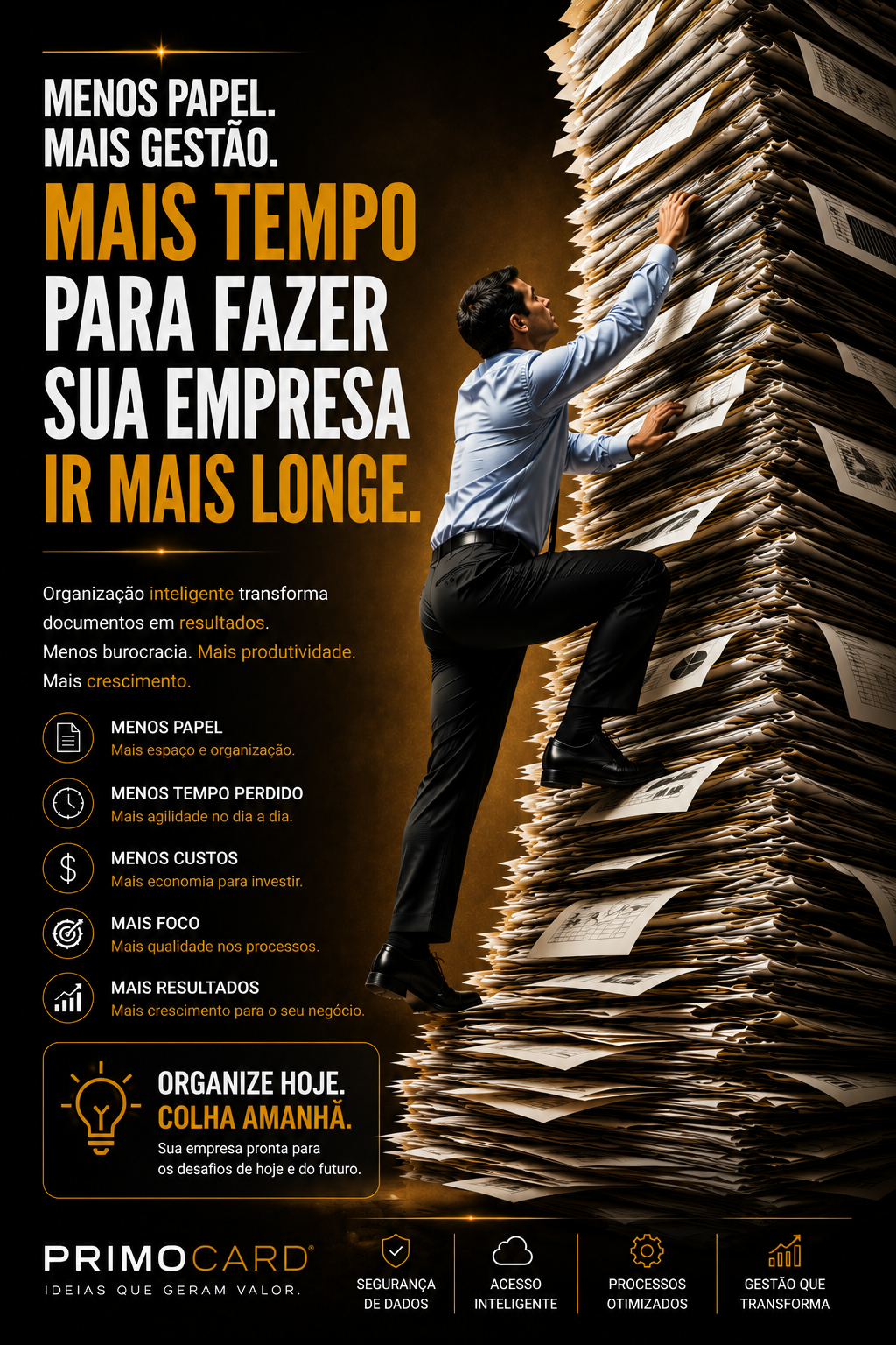 Homem escalando uma enorme pilha de documentos simbolizando burocracia.