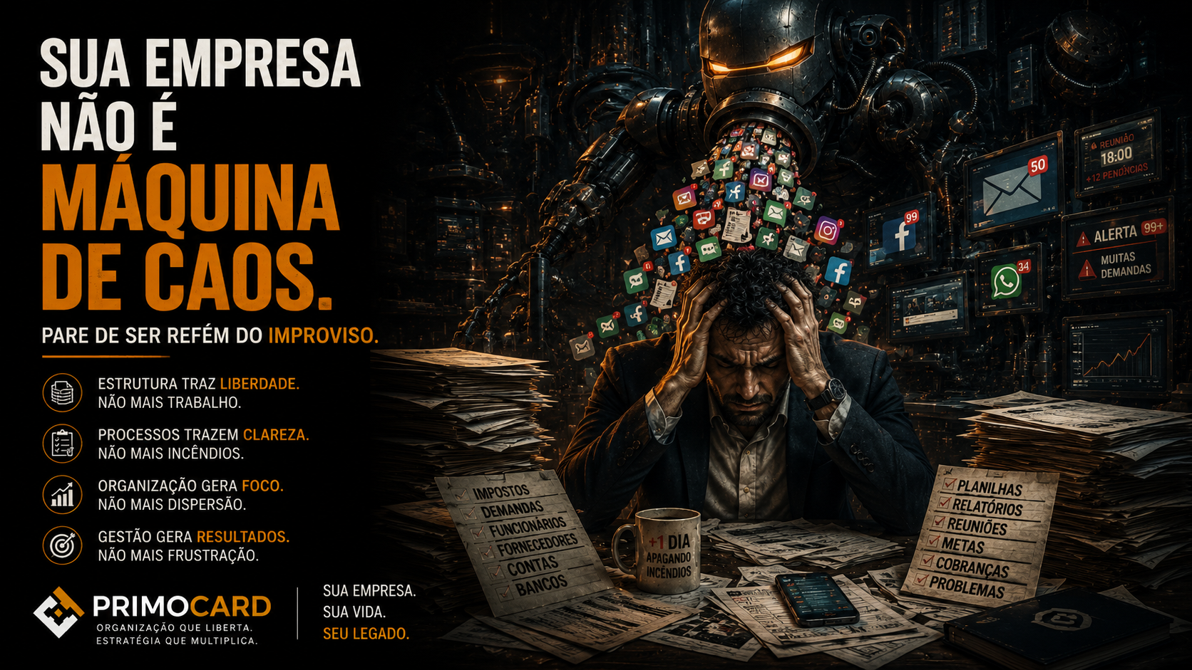 Empresário cercado por notificações, tarefas e problemas enquanto enfrenta o caos operacional da empresa.