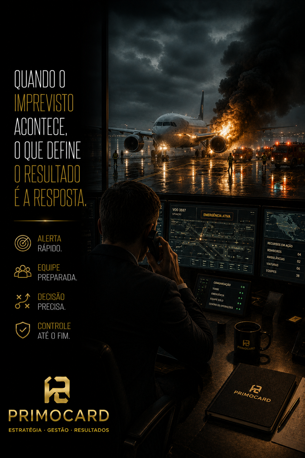 Centro de operações monitorando emergência enquanto uma equipe responde rapidamente a uma crise.
