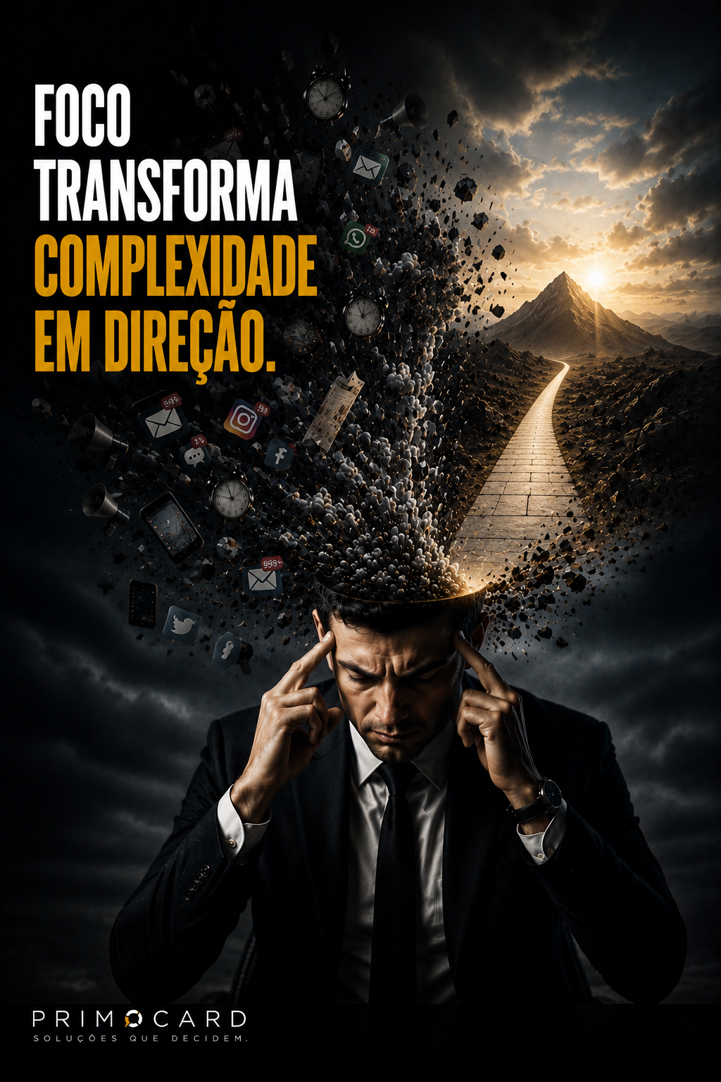 Empresário concentrado enquanto uma estrada surge de sua mente.
