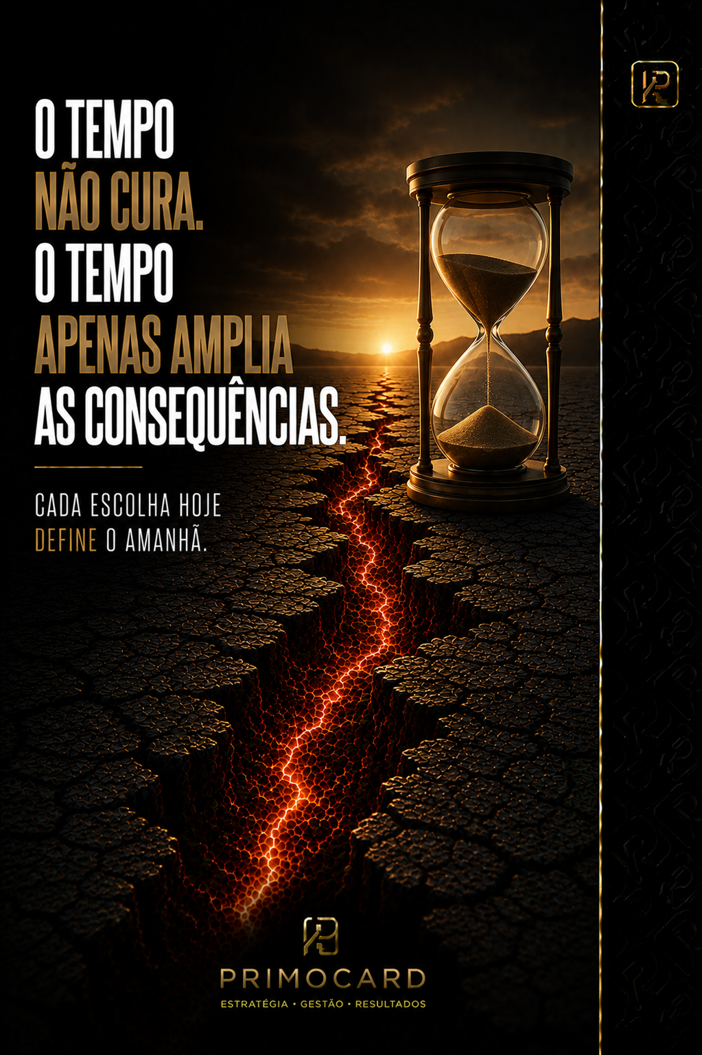 Ampulheta sobre um solo rachado representando o tempo.