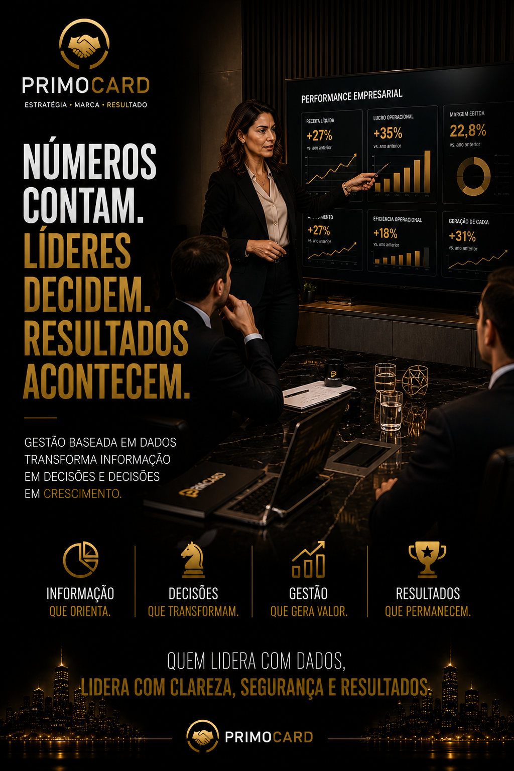Reunião empresarial analisando painéis de indicadores.