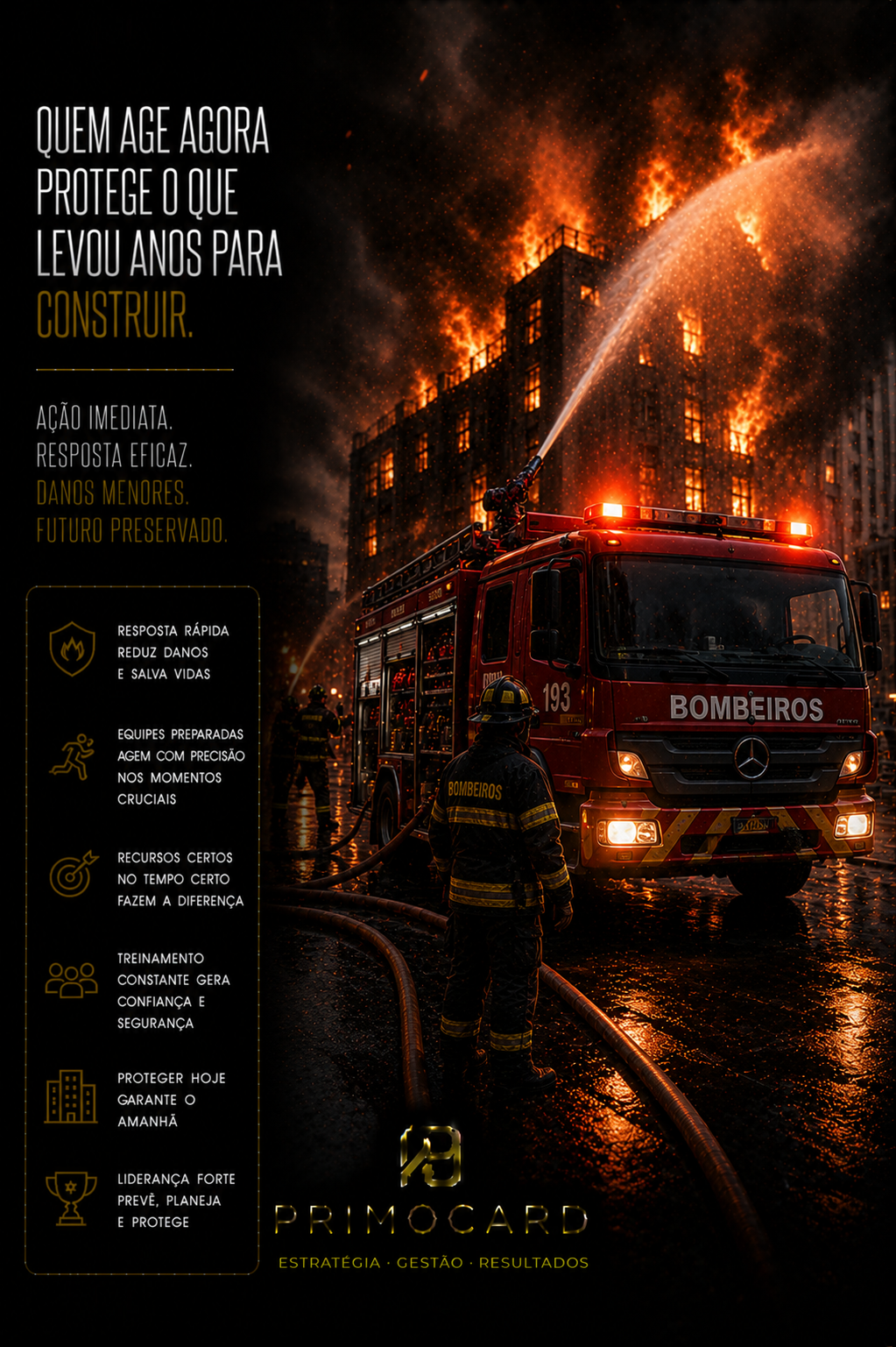 Equipe de bombeiros combatendo incêndio em grande edifício.