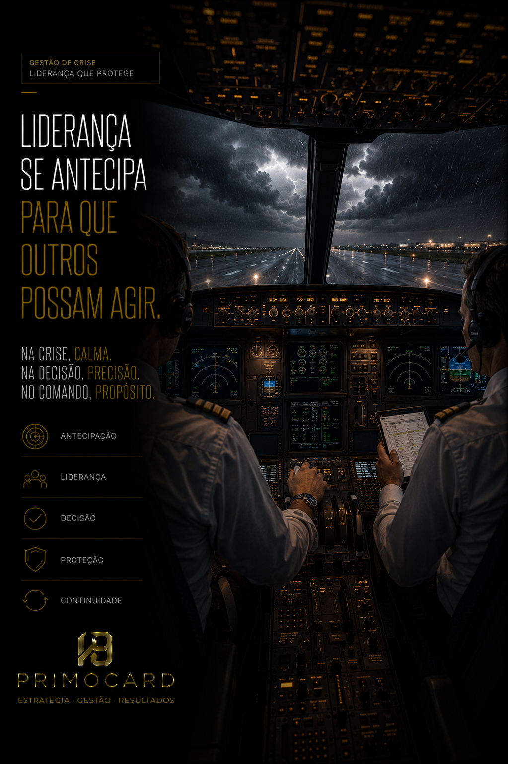 Cockpit de avião simbolizando liderança e tomada de decisão.