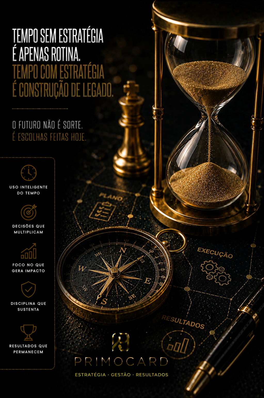 Ampulheta e bússola simbolizando tempo e estratégia.