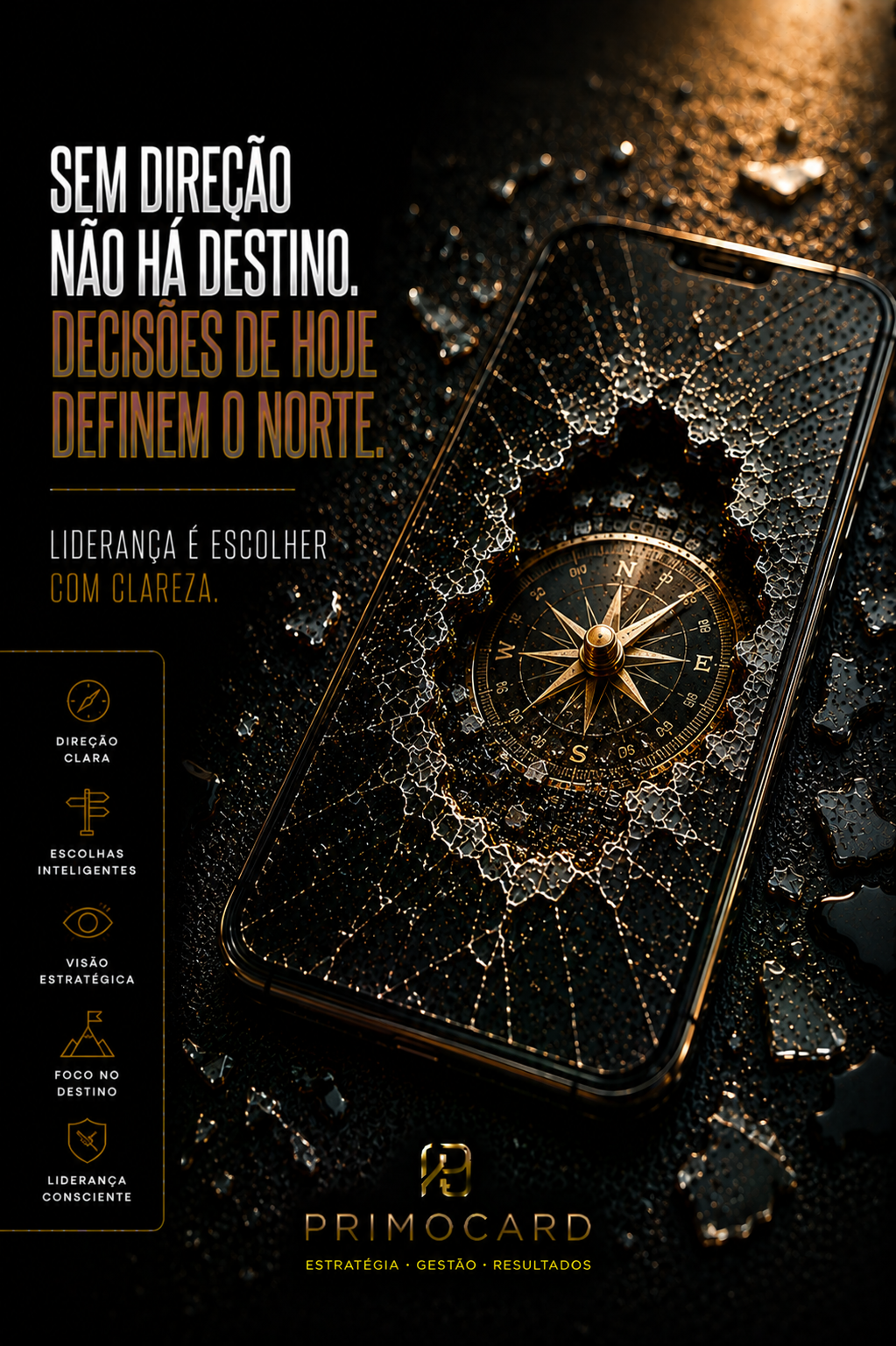 Celular quebrado revelando uma bússola representando direção estratégica.