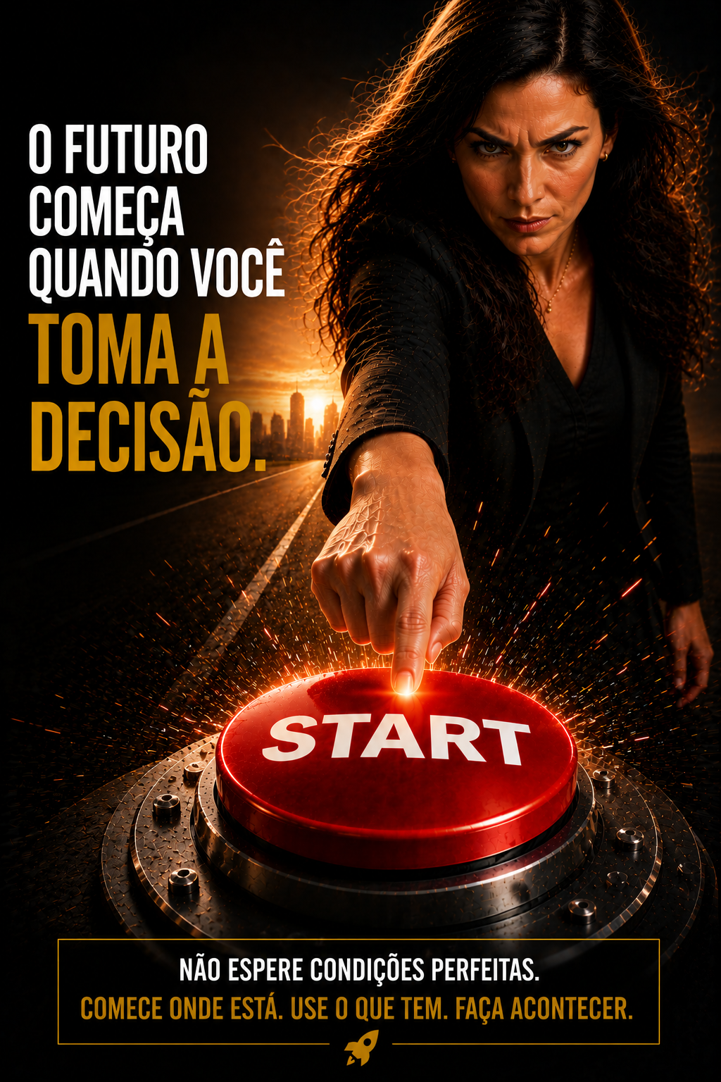 Pessoa pressionando um grande botão vermelho simbolizando início de uma nova fase.