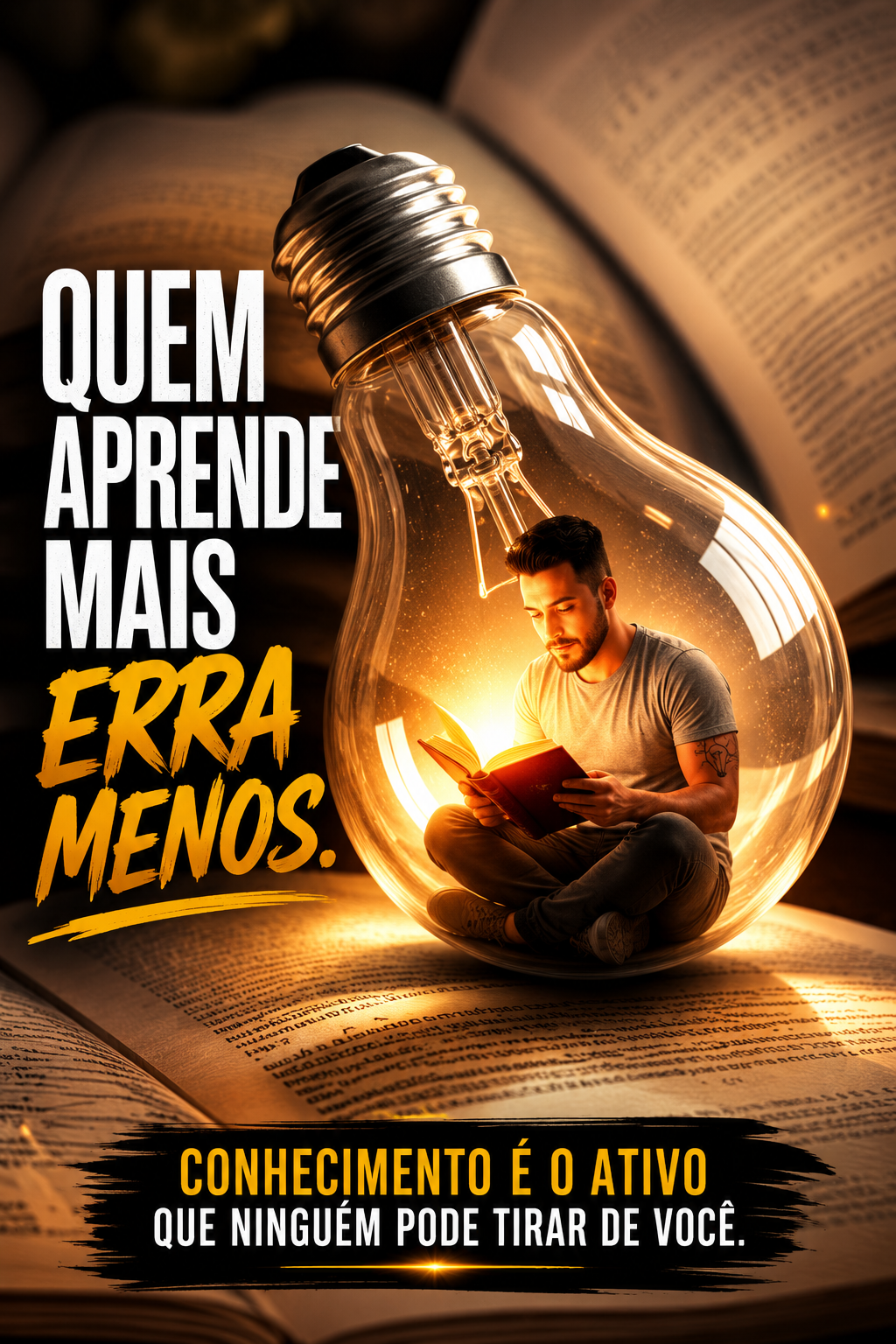 Pessoa lendo dentro de uma lâmpada simbolizando conhecimento e inovação.