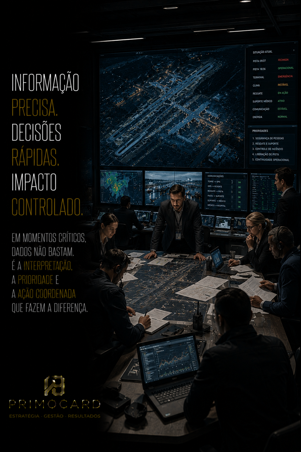 Centro de operações monitorando informações estratégicas.