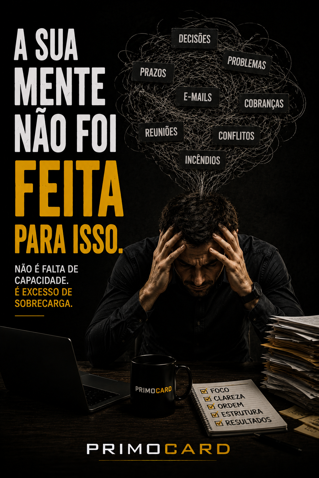 Empresário sobrecarregado com tarefas representando excesso de demandas.