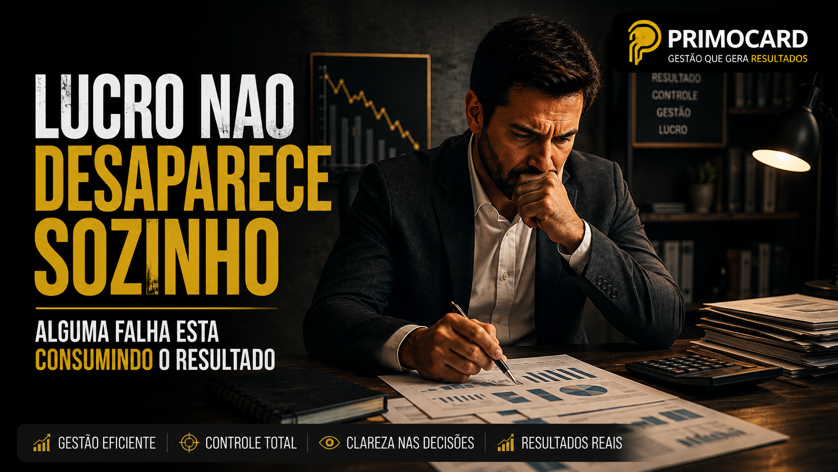 Empresario analisando demonstrativos financeiros em busca da causa da queda do lucro.
