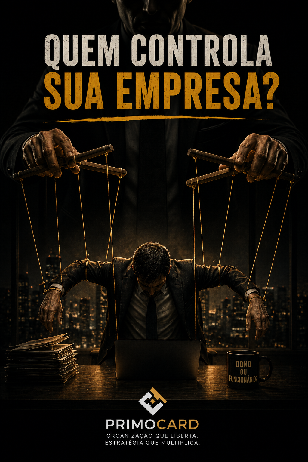 Empresário refletindo sobre controle e gestão empresarial.