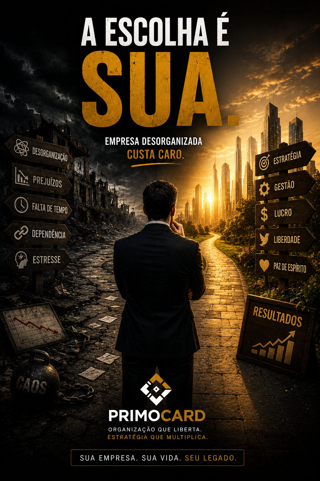 Empresário diante de dois caminhos representando caos e organização.