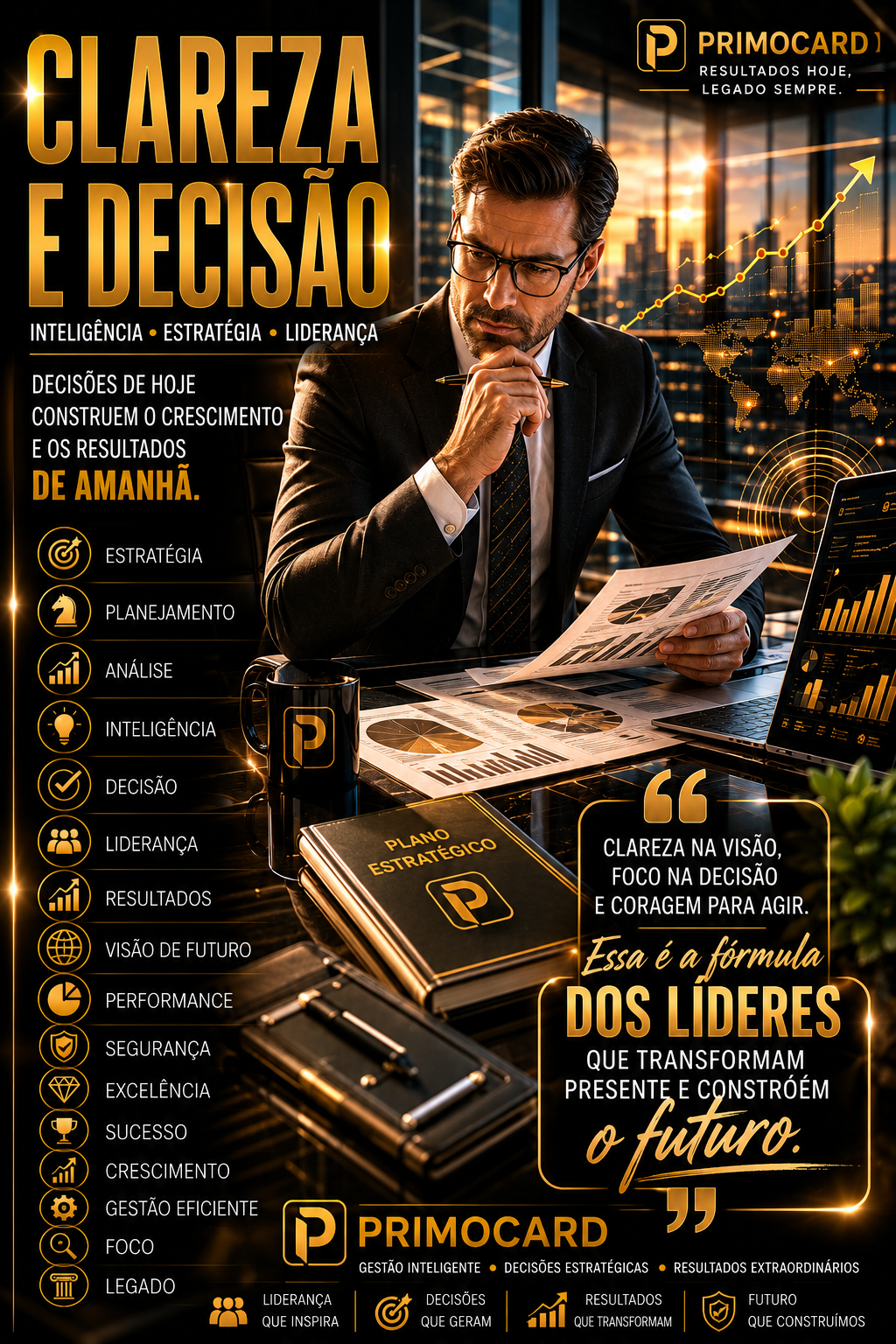 Executivo analisando indicadores e relatórios estratégicos.