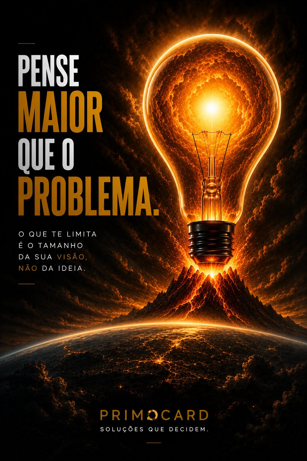 Lâmpada gigante iluminando o horizonte simbolizando visão, criatividade e solução de problemas.