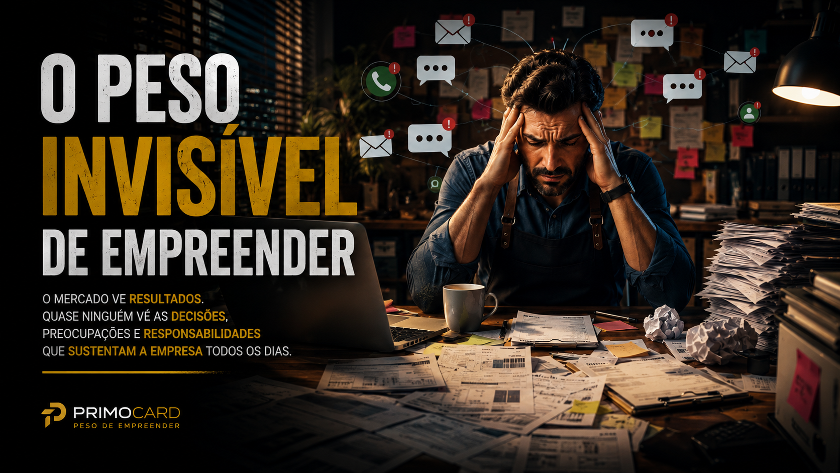 Empresario sobrecarregado analisando documentos e responsabilidades acumuladas em seu escritorio.