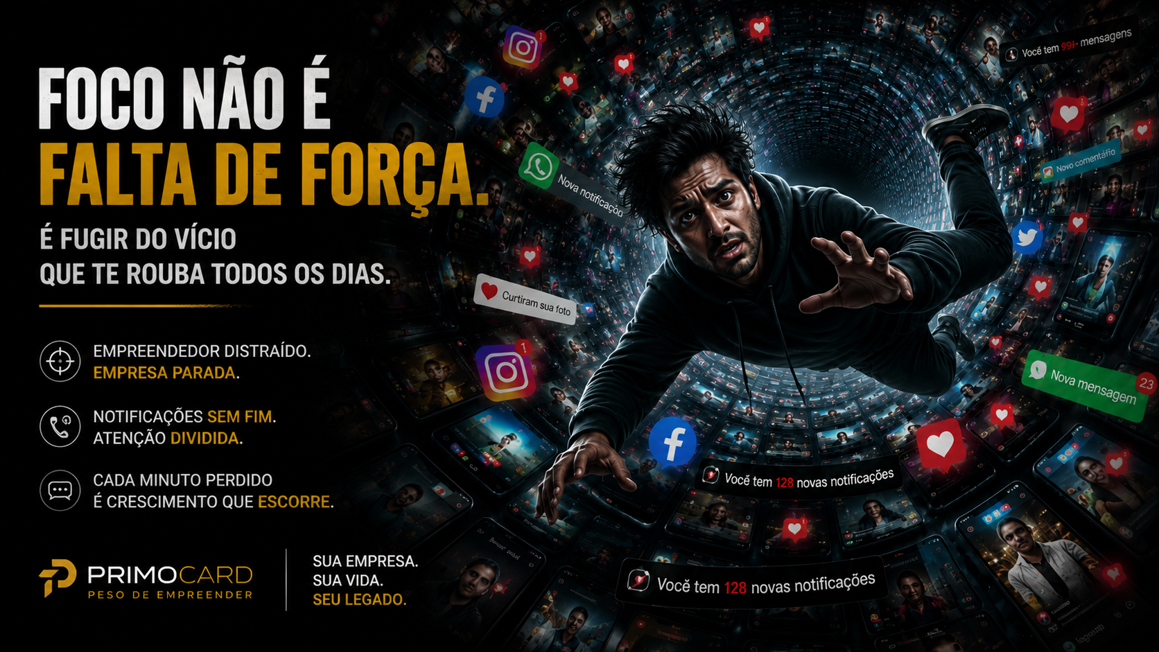 Empresario cercado por notificacoes e redes sociais sendo puxado para longe do foco.