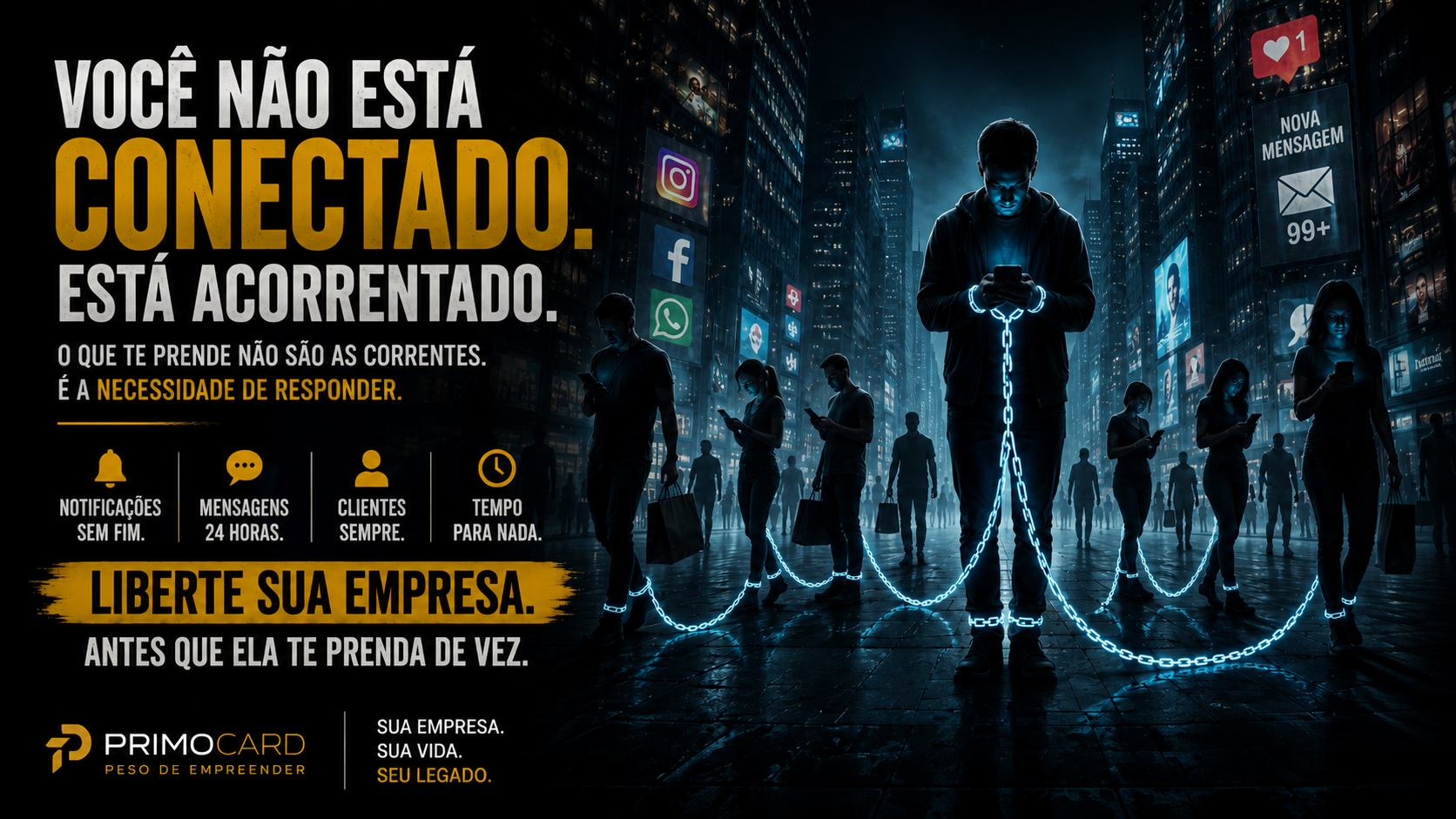 Pessoa presa por correntes digitais enquanto utiliza o celular em uma cidade iluminada.