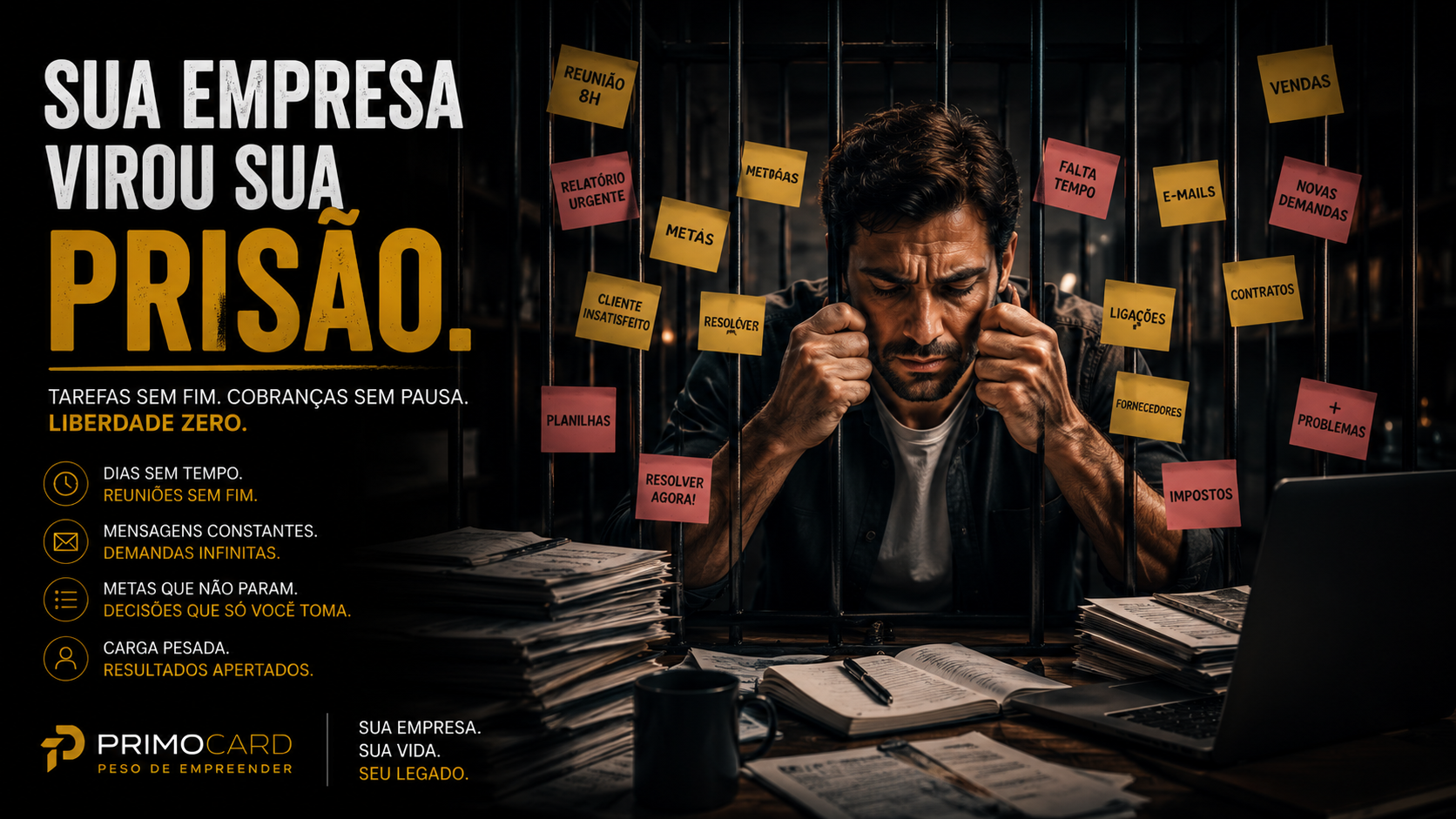 Empresario cercado por tarefas e responsabilidades simbolizando uma prisao empresarial.