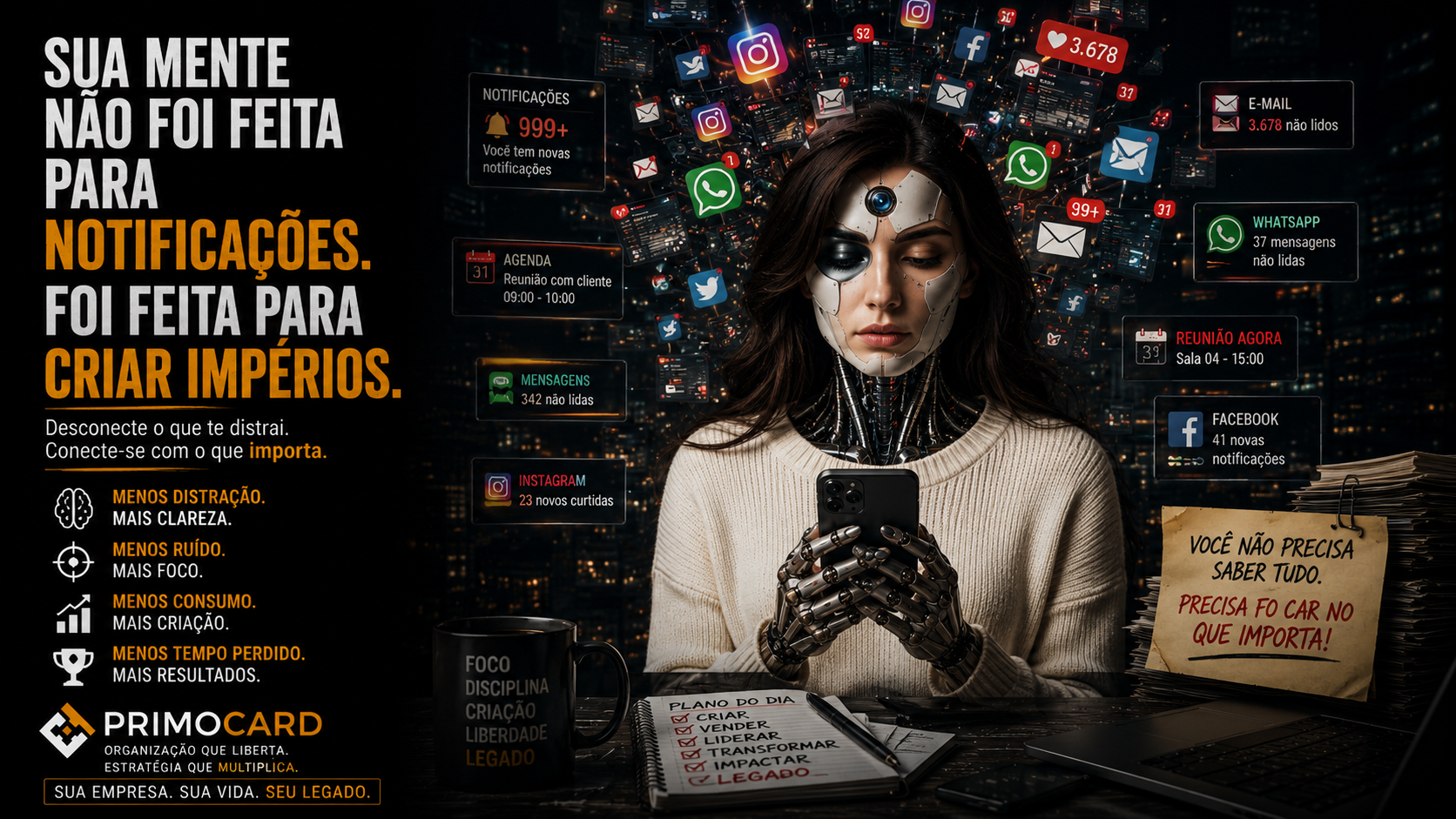 Mulher tecnológica cercada por notificações digitais enquanto tenta manter concentração.