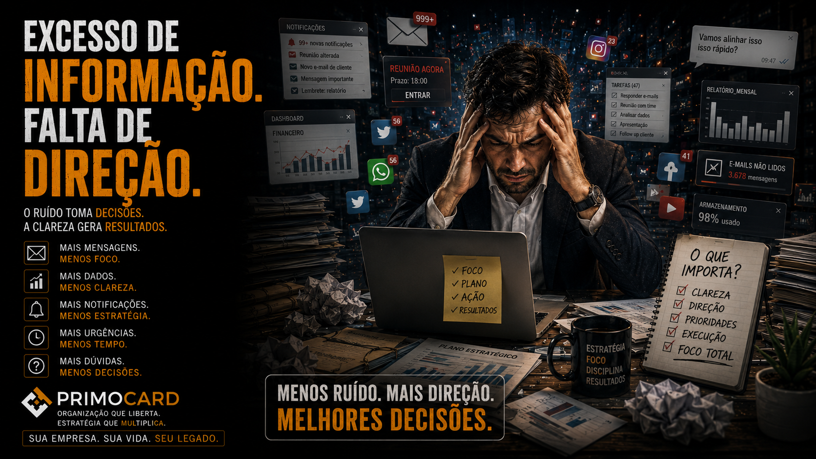 Empresário cercado por notificações e relatórios tentando encontrar direção estratégica.