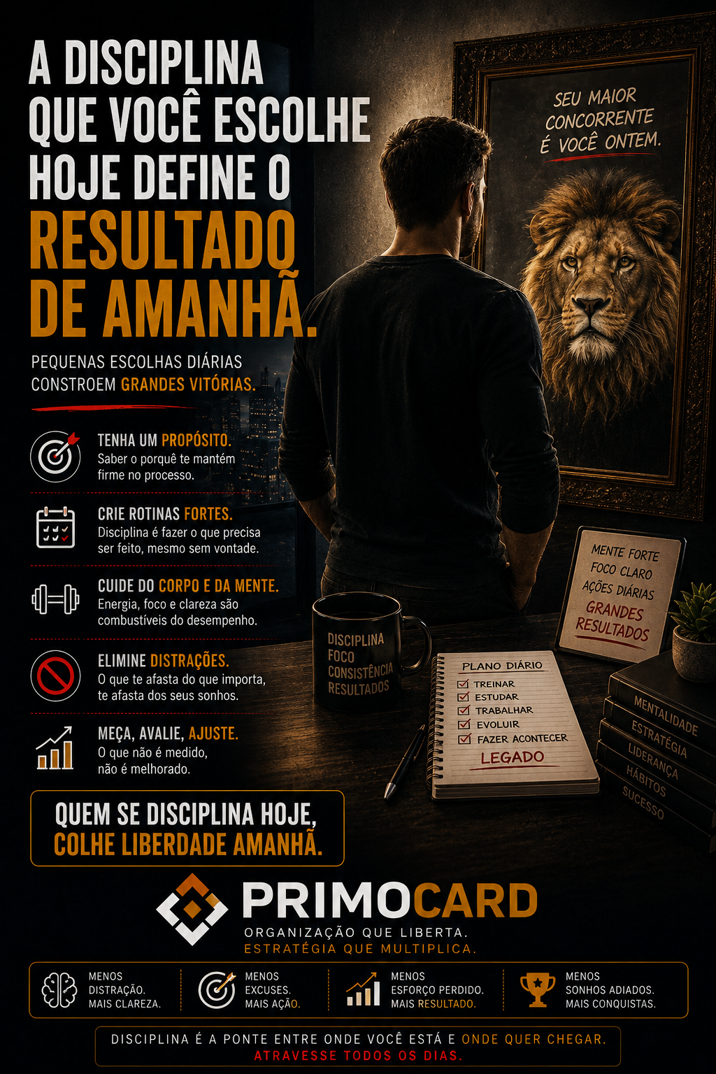 Empreendedor refletindo sobre disciplina e crescimento diante de um espelho com a imagem de um leão.