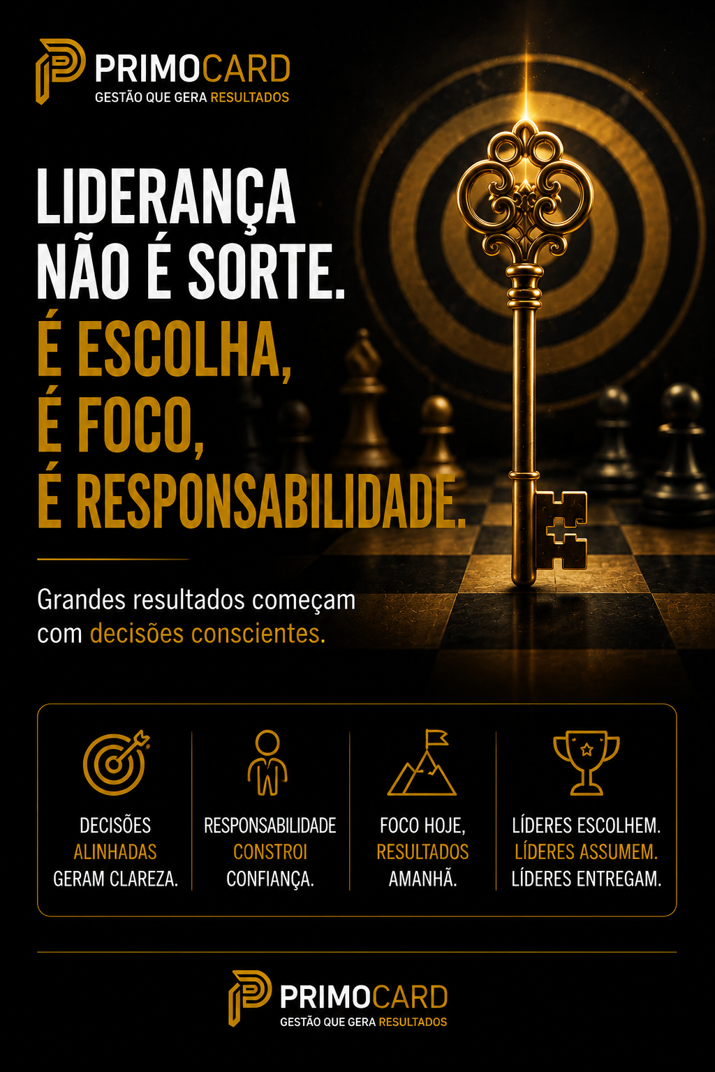 Chave dourada simbolizando liderança, responsabilidade e foco na construção de resultados empresariais.