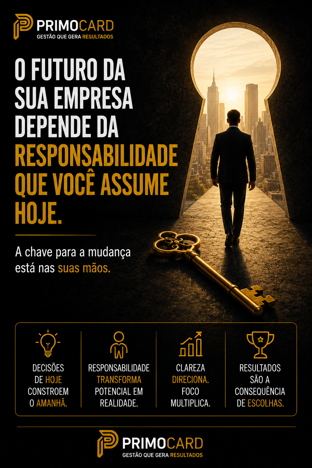 Empresário caminhando em direção ao futuro através de uma grande porta iluminada.