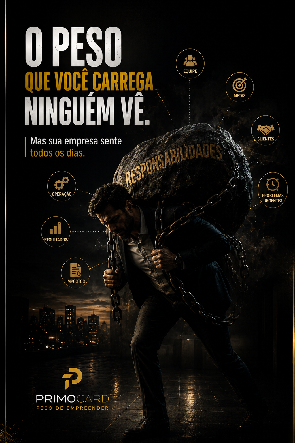 Empresário carregando uma grande pedra simbolizando os desafios e responsabilidades da liderança empresarial.