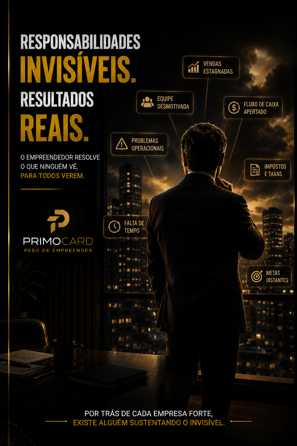 Empresário observando a cidade enquanto administra responsabilidades e decisões estratégicas.