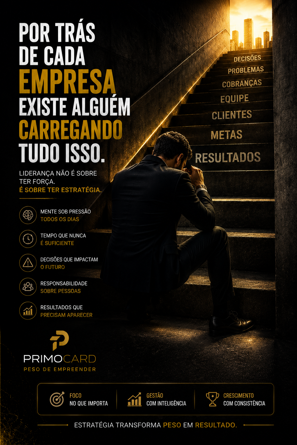 Empresário sentado refletindo sobre os desafios, responsabilidades e conquistas da jornada empreendedora.