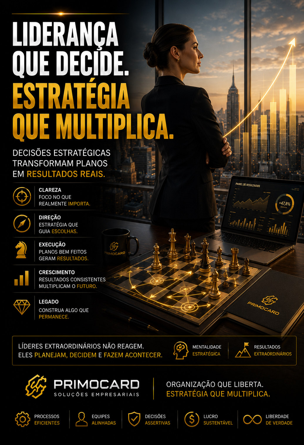 Executiva observando indicadores de crescimento e planejamento estratégico empresarial.