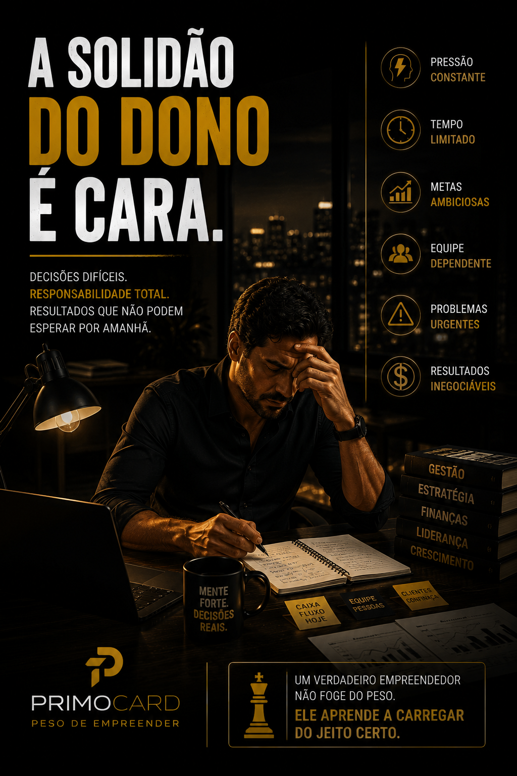 Empresário trabalhando sozinho à noite refletindo sobre responsabilidades empresariais.