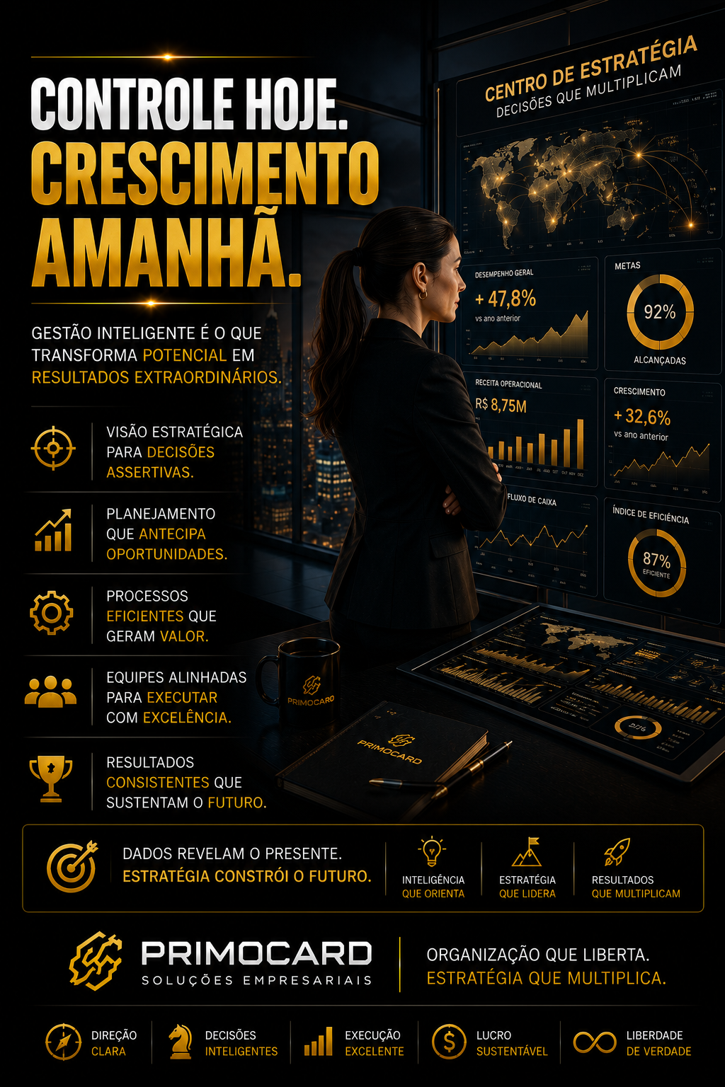 Gestora analisando dashboards e indicadores de desempenho empresarial.