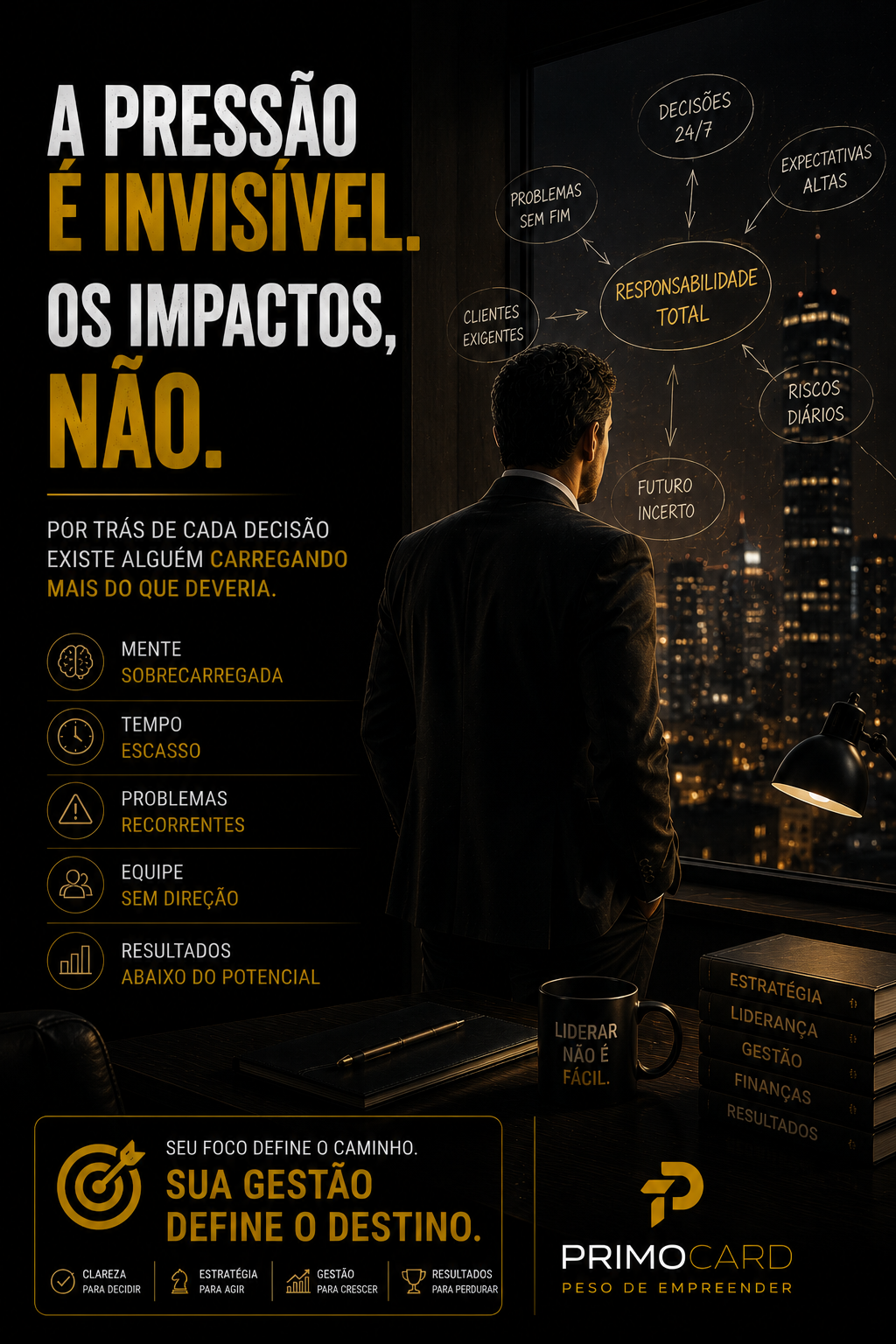 Empresário refletindo sobre responsabilidades e desafios da liderança empresarial.