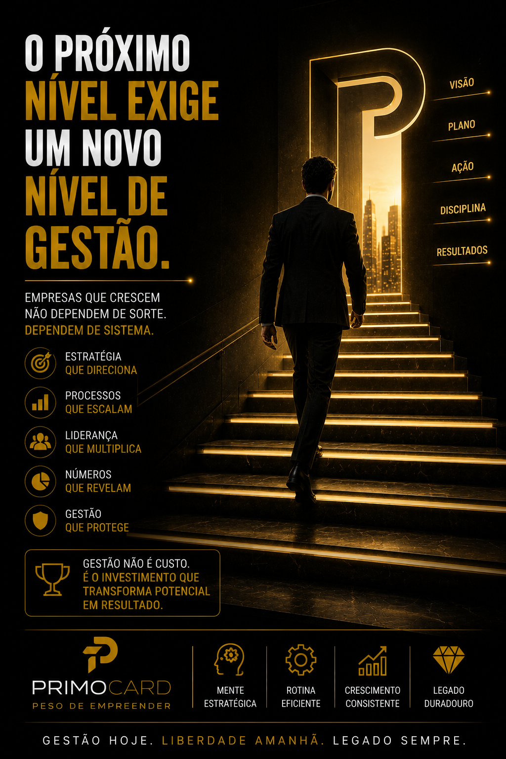 Empresário subindo escadas iluminadas simbolizando crescimento empresarial.