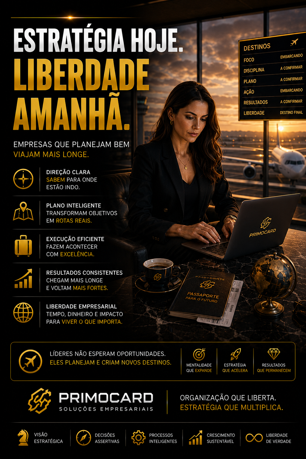 Executiva planejando o futuro empresarial em ambiente corporativo.