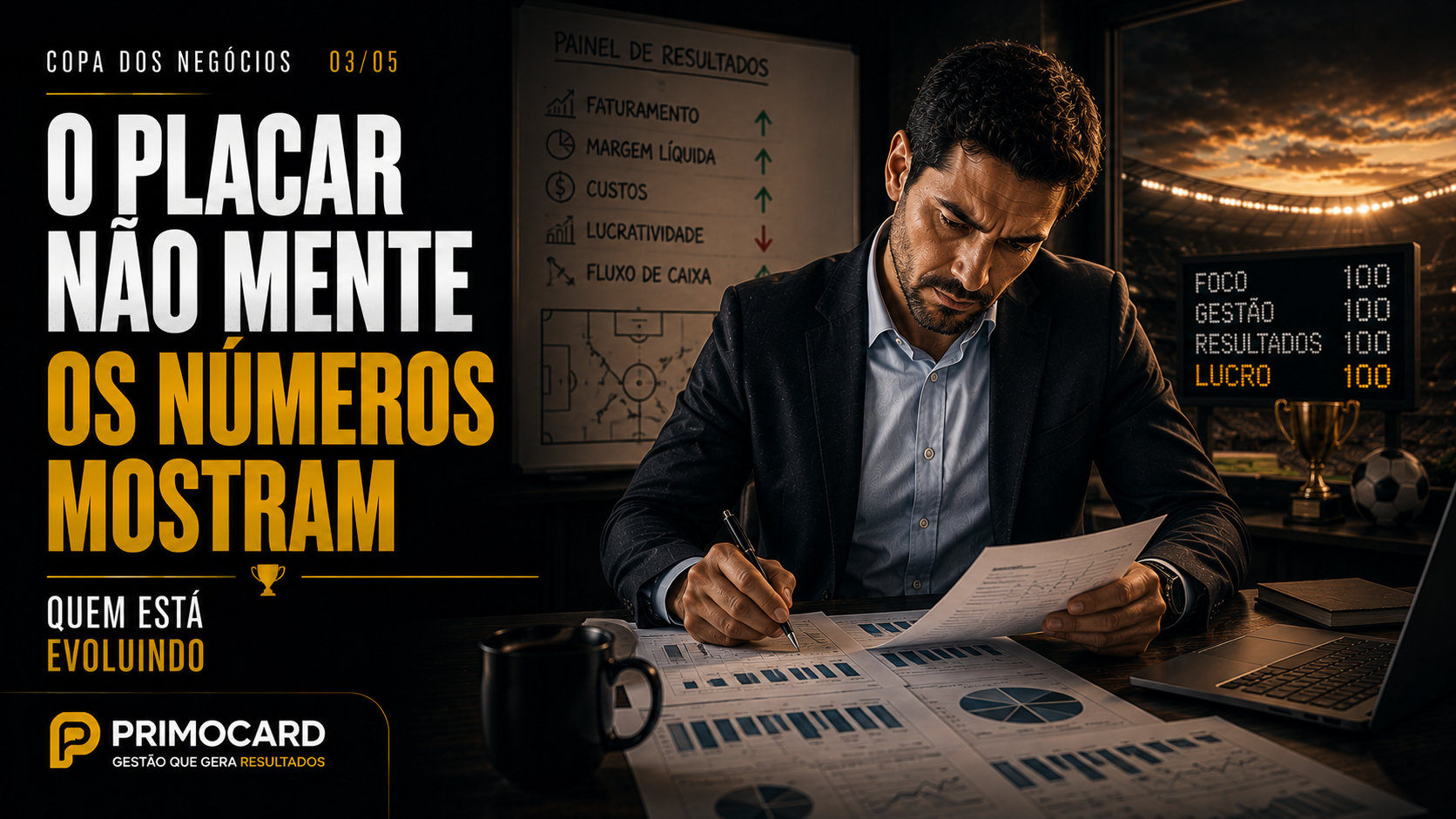 Empresario analisando indicadores financeiros e painel de resultados durante a Copa dos Negocios.