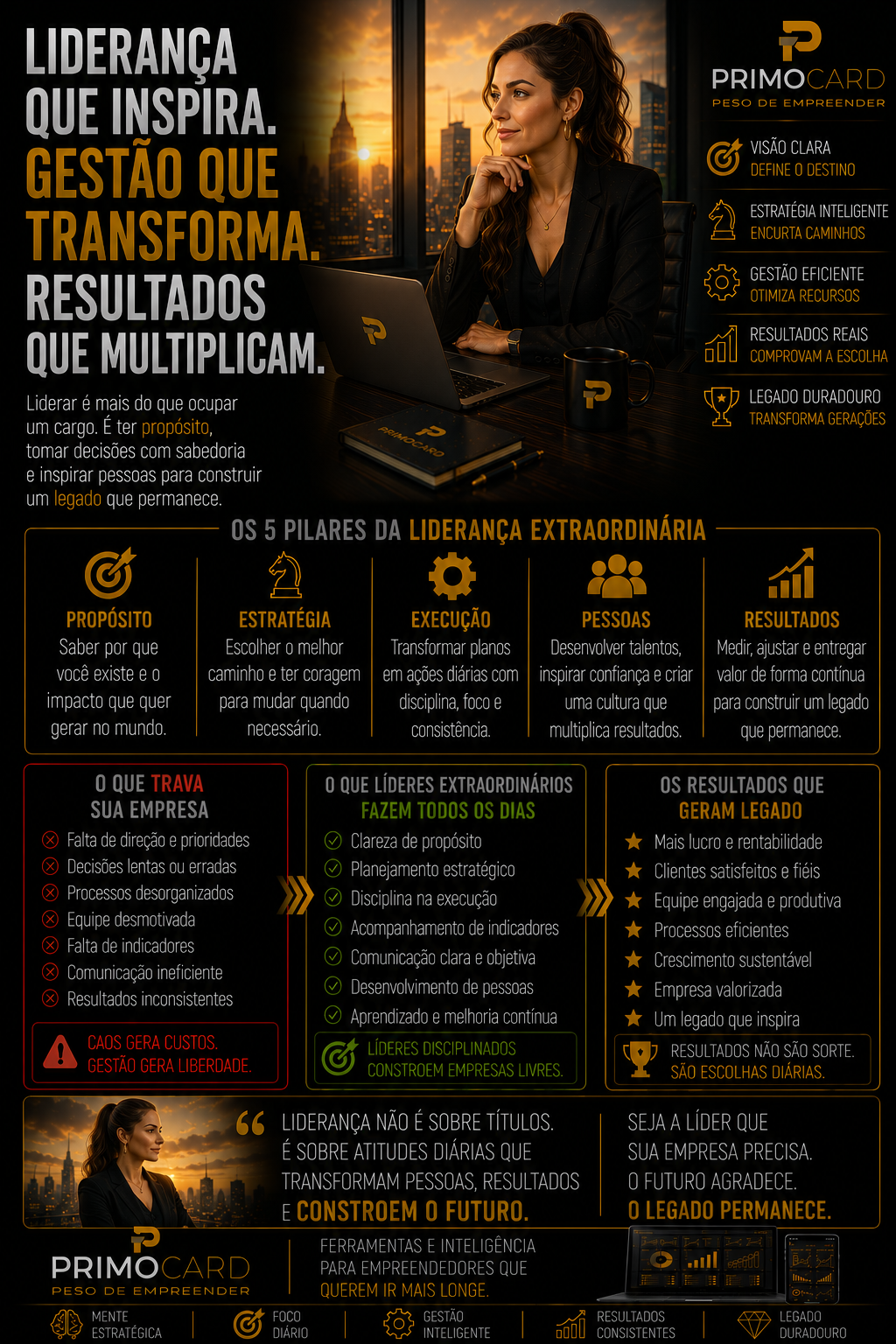 Executiva observando a cidade simbolizando liderança estratégica.